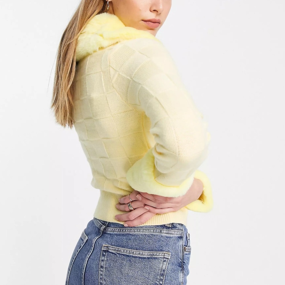 ASOS DESIGN fur trim zip-up cardigan with checkerboard stitch in yellow - Picture 8 of 9